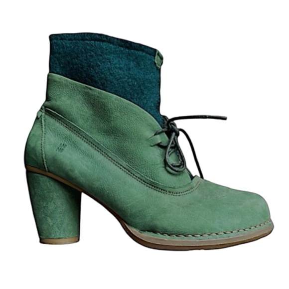 EL NATURALISTA Women’s Suede Leather Boots Size 7US Green Felt Up Block Heel - Picture 1 of 10